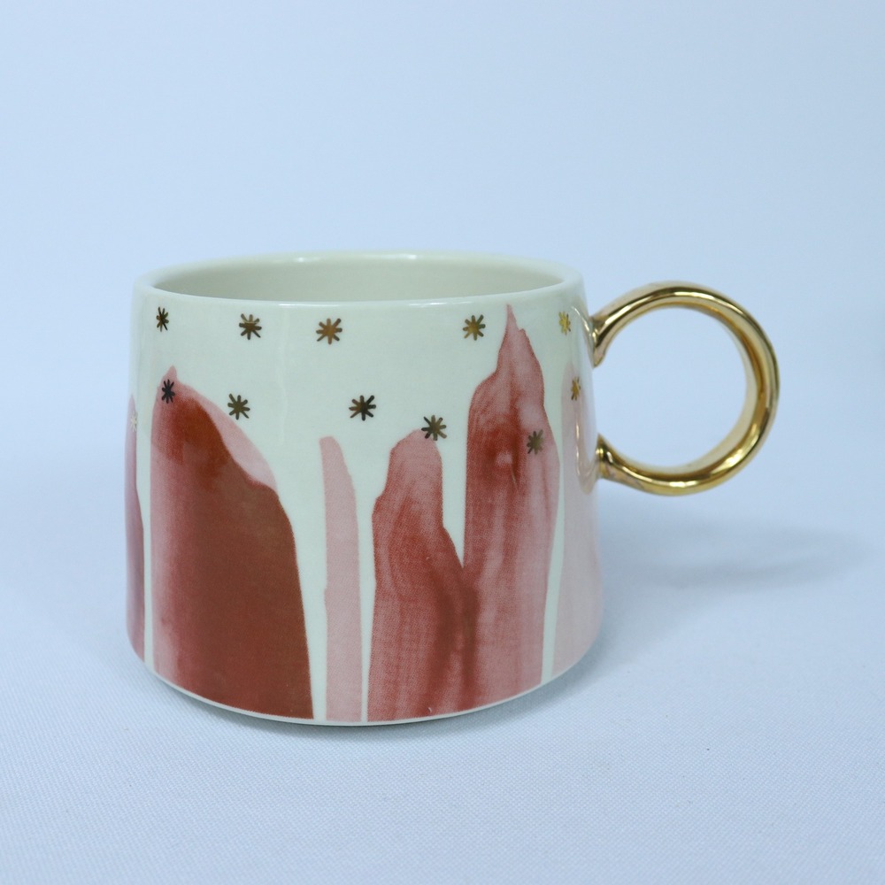 Anthropologie Pink Night Sky Coffee Tea Mug‎ Cup Gold Handle Stars Watercolor